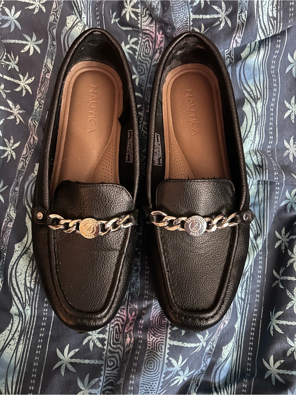 Nautica Black Leather Loafers with Gold Chain Detail